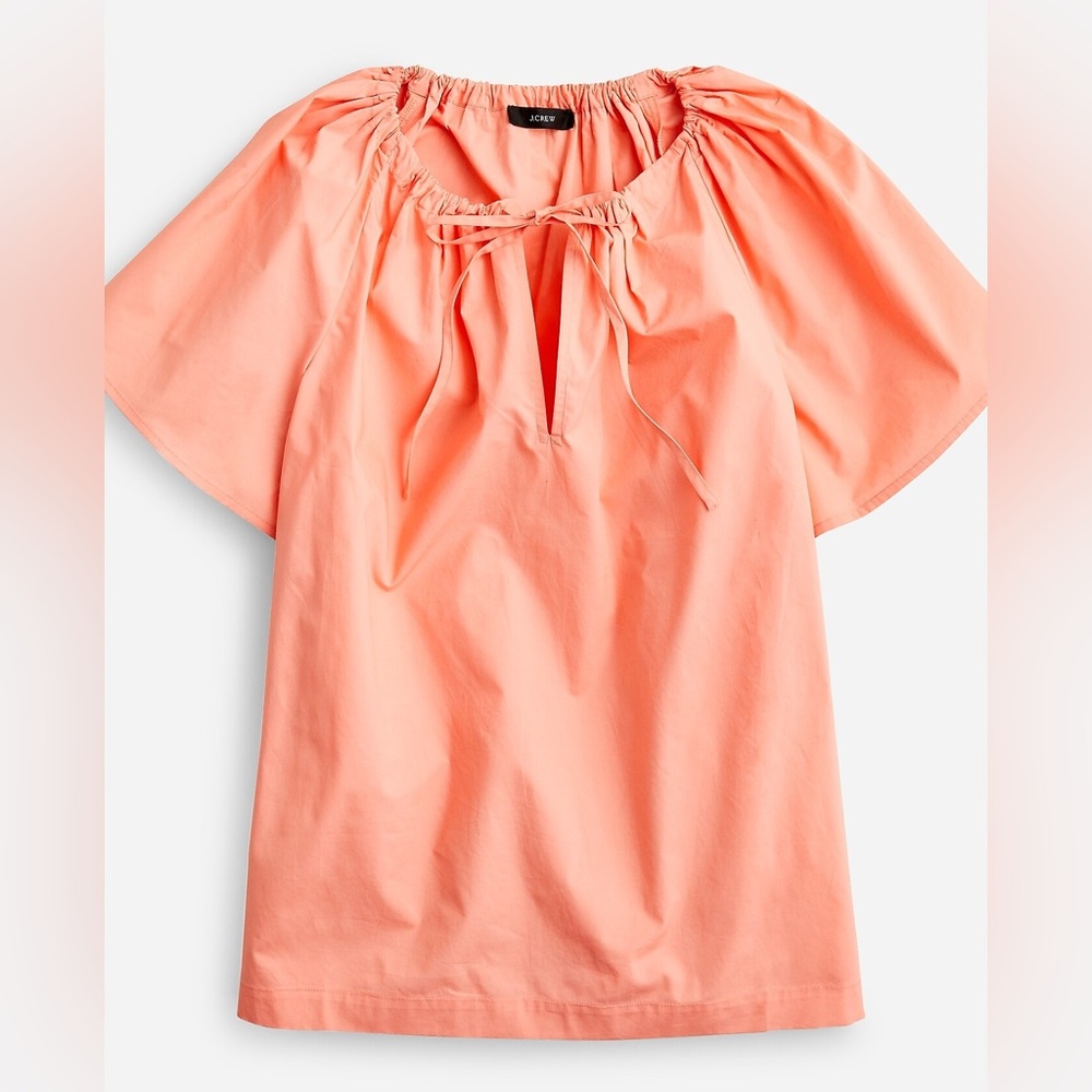 J. Crew Coral Tie-Neck Peasant Cotton Poplin Coral Tunic Top Blouse Size Small